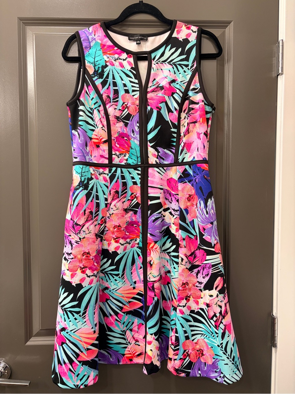 Spenser Jeremy Black-Trim Floral Print Dress with Pink & Teal Accents